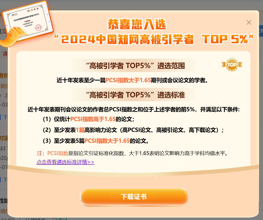 【喜讯】研究院理事长入选“2024中国知网高被引学者Top5%”